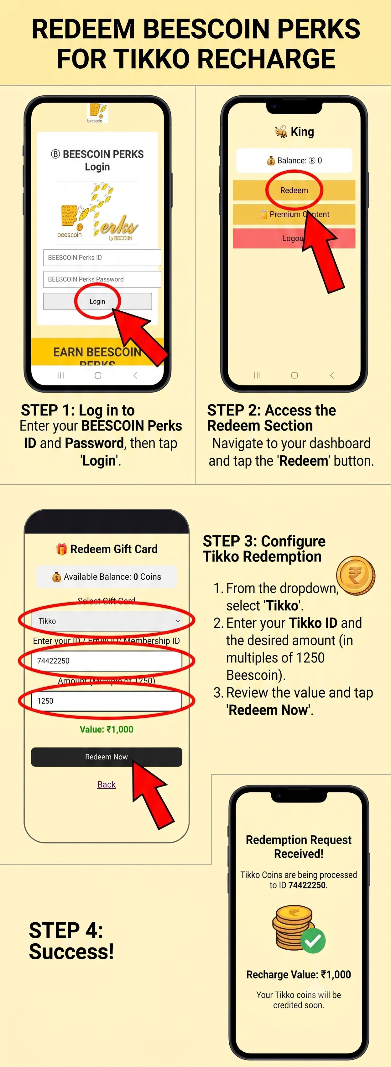 Instruction guide to redeem Beescoin Perks for Tikko Coins recharge